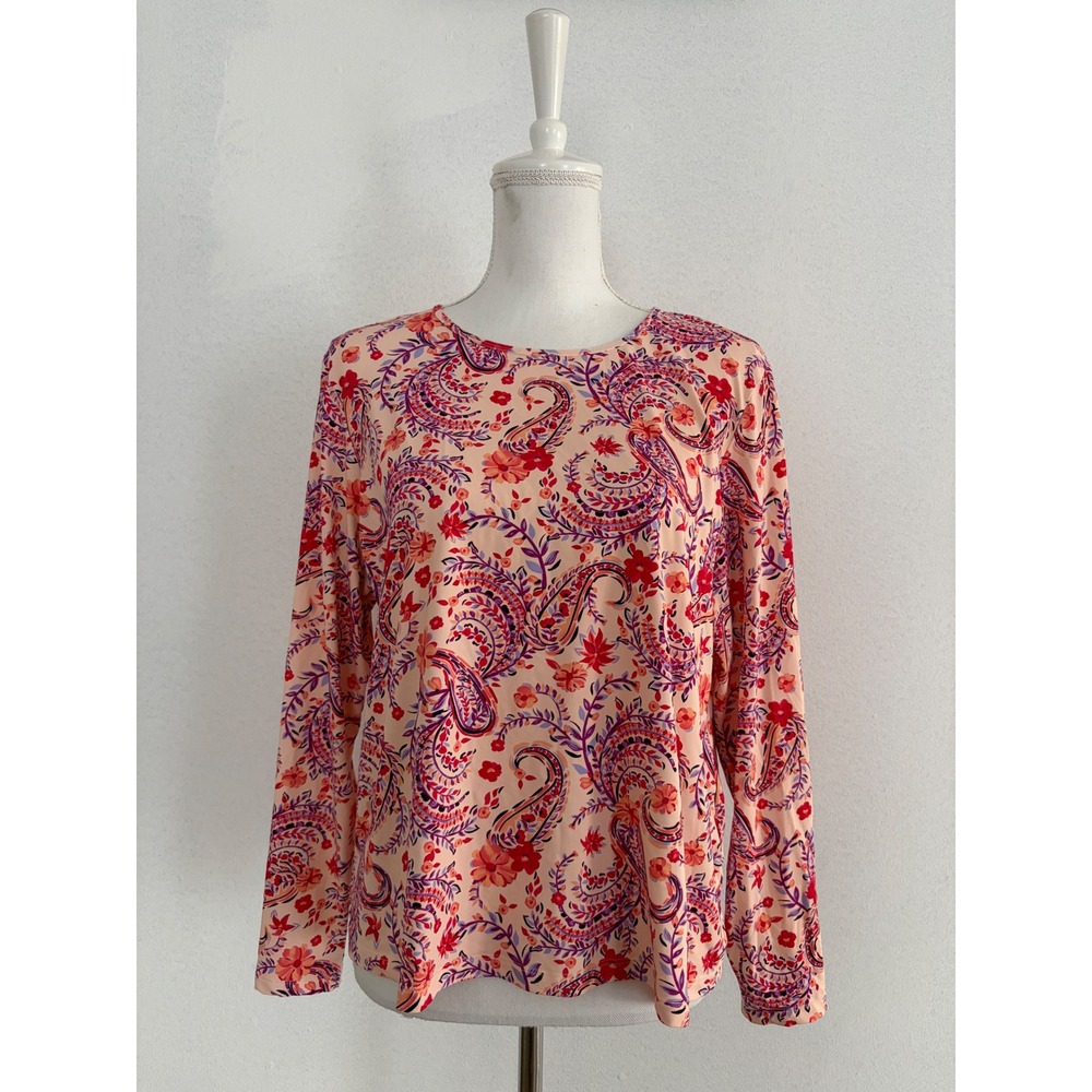 Lands End UPF50 Women XL Peach Paisley Floral Long Sleeve Crewneck Jersey Swim